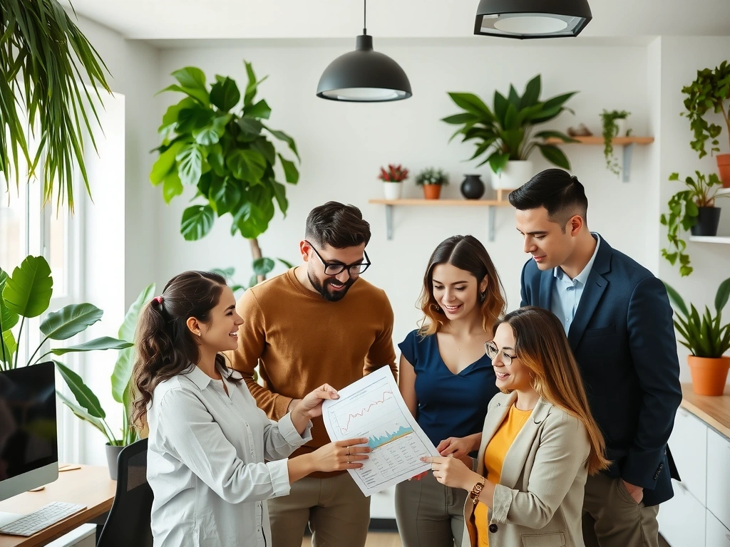 Diverse team collaborating in a natural, bright setting