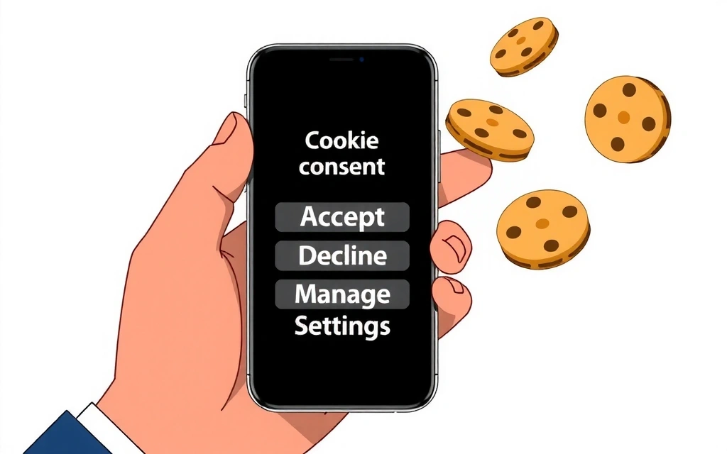 Illustration of a hand holding a smartphone with cookie consent options, surrounded by floating digital cookies