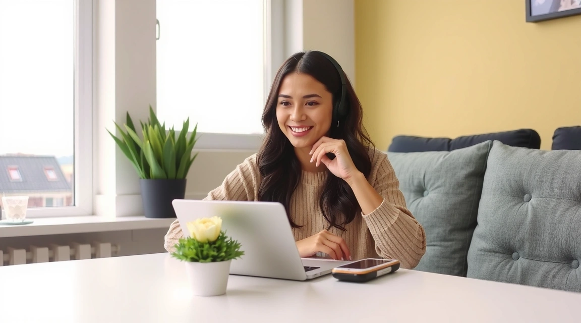 A person receiving excellent customer service, smiling and interacting with a support representative, symbolizing helpfulness and quick resolutions.