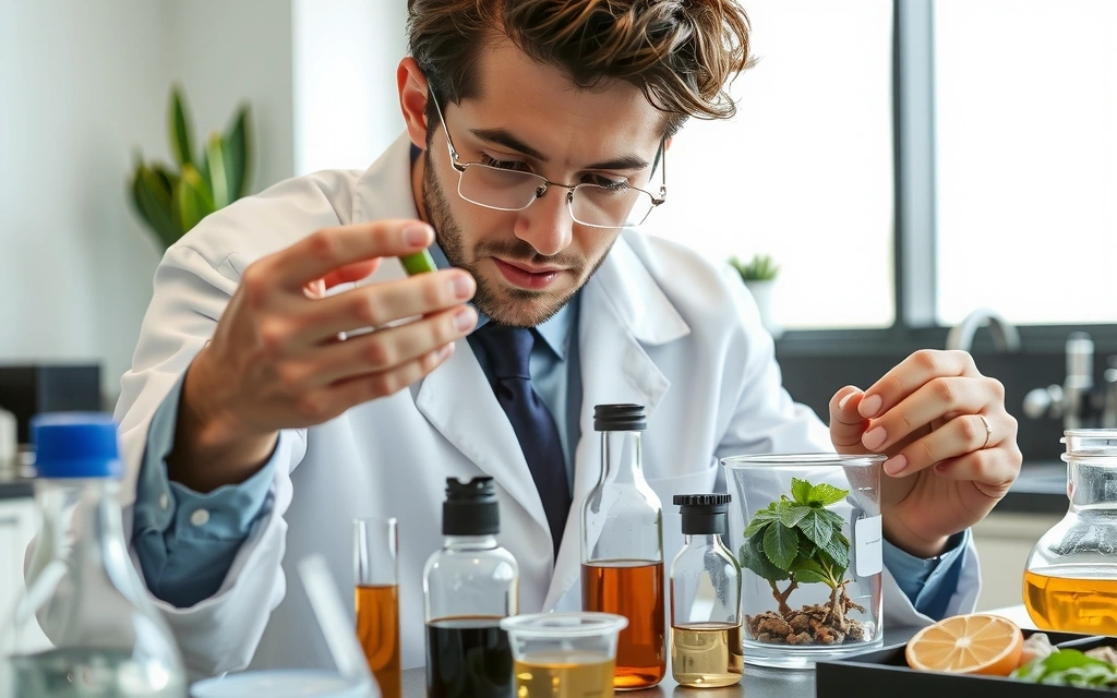 Scientist examining natural ingredients in a lab