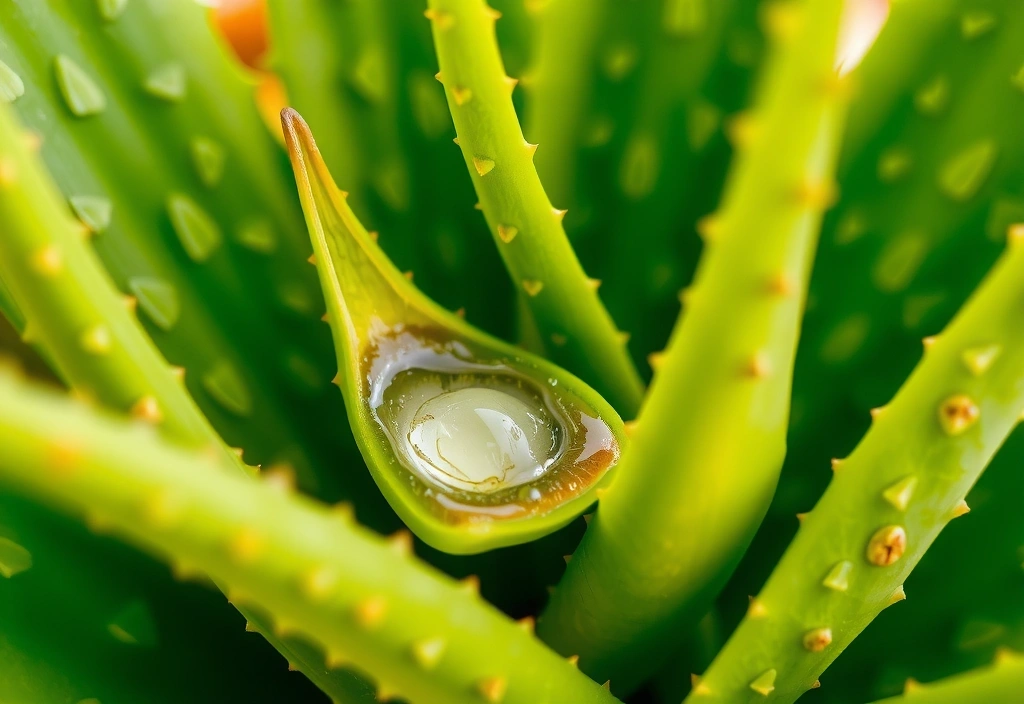 Fresh green aloe vera leaves and gel, ready for use.