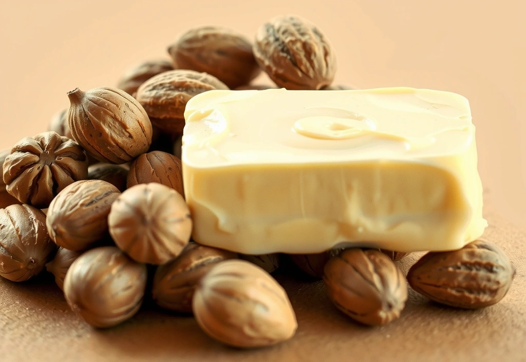 Shea nuts and a block of unrefined shea butter.