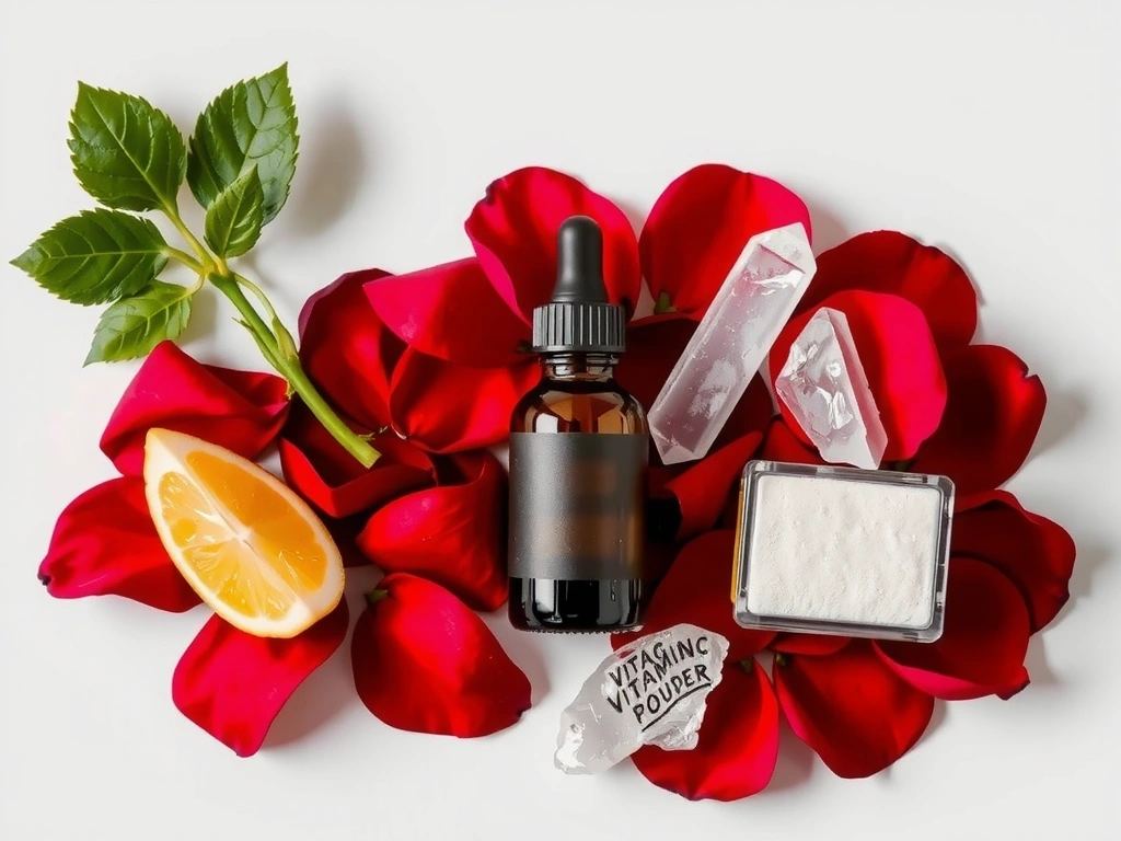 Ingredients showcase: a flat lay composition featuring the serum bottle surrounded by raw, natural ingredients like rose petals, hyaluronic acid crystals, and vitamin C powder, all in soft focus.