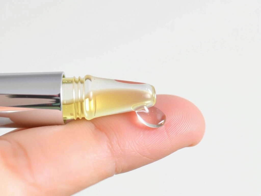 Product texture shot: a small dollop of the serum on a fingertip, showing its translucent quality and light reflection, against a blurred botanical backdrop.